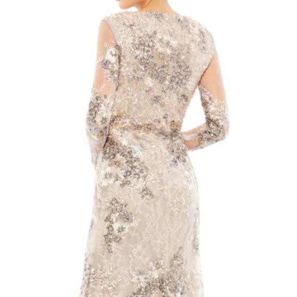MAC DUGGAL 67539 EMBELLISHED V-NECK ILLUSIONS LONG SLEEVE TAUPE GOWN sz 16 - Picture 3 of 8